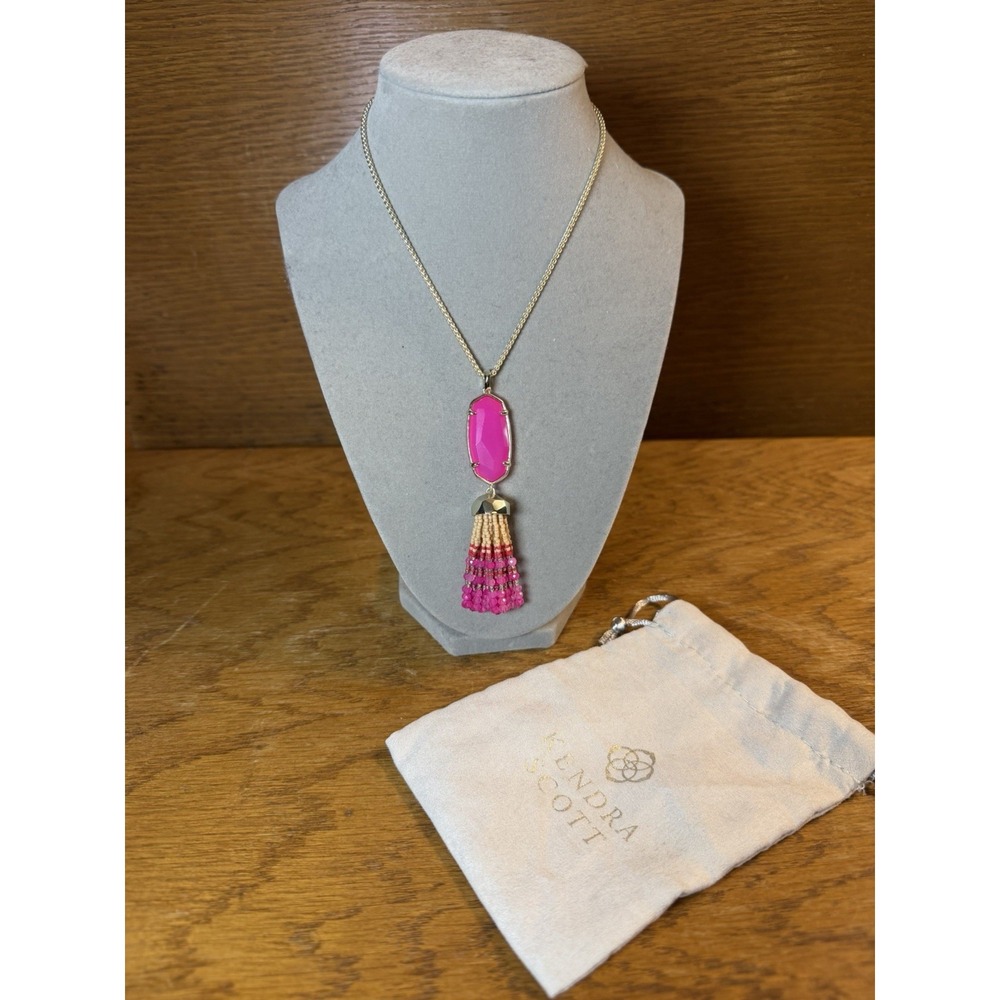 Kendra Scott Eva Gold Tone Long Pendant Necklace Hot Pink Beaded Tassel Preppy